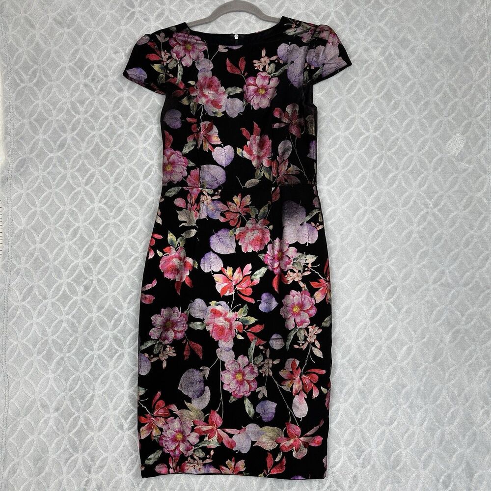Vtg Y2K Betsey Johnson Sheath Dress 4 Black Floral Foil Metallic Rockabilly Twee